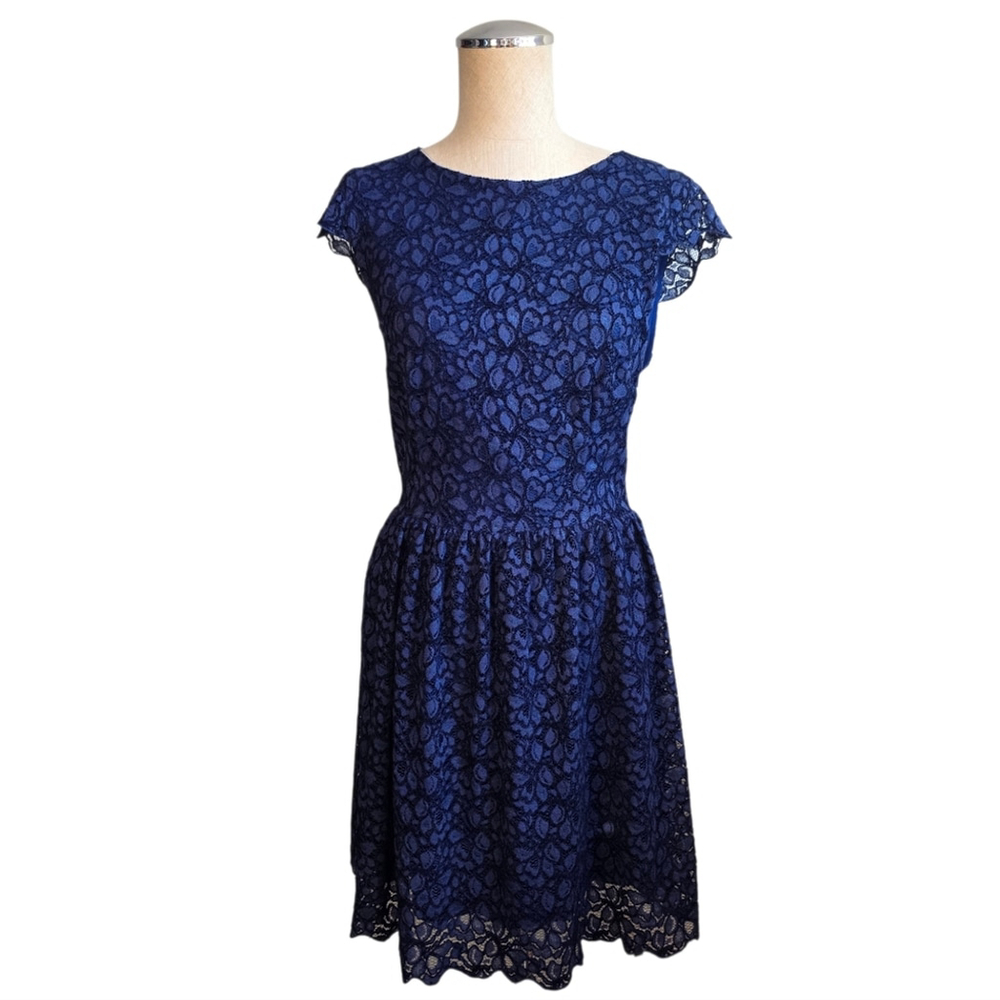 Talula Lace Fit & Flare Dress Navy Blue Cap Sleeve XS